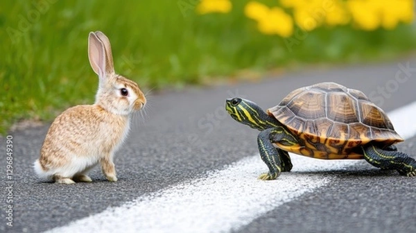 Fototapeta A motivational image: a rabbit looking confused as a determined turtle crosses the finish line first