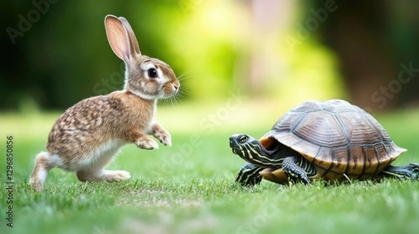 Fototapeta A rabbit hopping excitedly while a slow-moving turtle inches forward on a grassy track.
