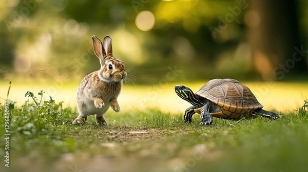 Fototapeta A rabbit hopping excitedly while a slow-moving turtle inches forward on a grassy track.