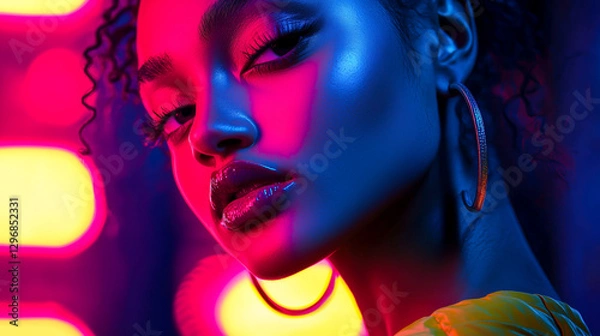 Fototapeta Neon Portrait: Woman illuminated by vibrant pink and blue lights, highlighted makeup, and stylish jewelry.  