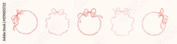 Fototapeta Set of circle bow ribbon borders. Hand drawn coquettish vector illustration. Valentines day, bachelorette, birthday, Christmas, wedding invitation. Italian la dolce vita stile. Minimalist drawing