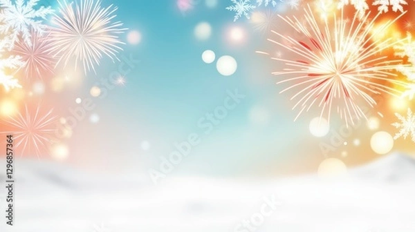 Fototapeta A bright and cheerful winter scene featuring colorful fireworks, glowing bokeh lights, and delicate snowflakes over a snowy landscape.  
