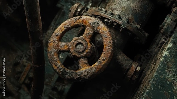 Obraz An old rusty valve and pipe are covered with debris