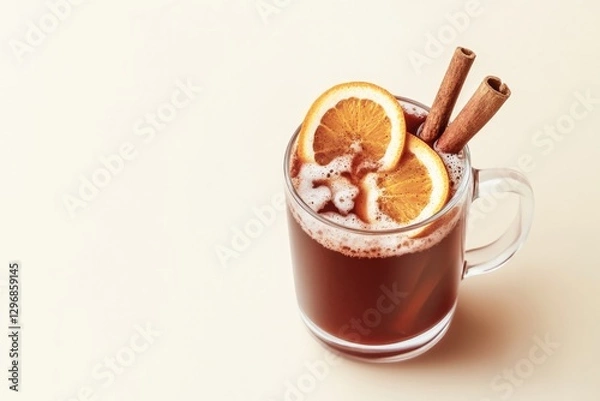 Fototapeta Warm beverage in glass mug, garnished with orange slices and cin