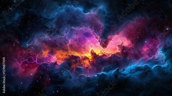 Fototapeta A vibrant cosmic scene showcasing colorful nebulae against a backdrop of deep space, blending shades of blue, purple, and orange.