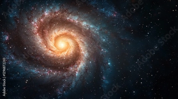 Fototapeta A stunning spiral galaxy with vibrant colors and a bright core, surrounded by countless stars in a cosmic backdrop.