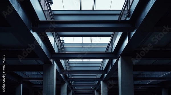 Fototapeta Interior view of a building with structural beams and skylights