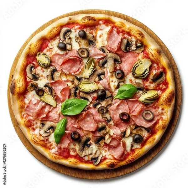 Fototapeta Vibrant 8K topdown view of Pizza Capricciosa