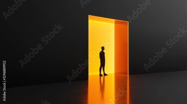 Fototapeta Silhouette of a person standing in a glowing doorway with a warm orange light in a dark environment