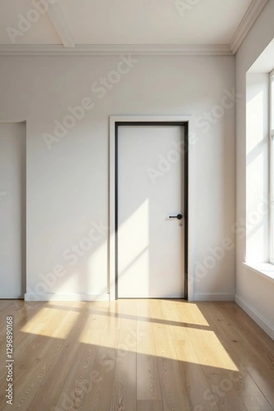 Fototapeta Sunlit Empty Room with Modern Door and Light Hardwood Floor