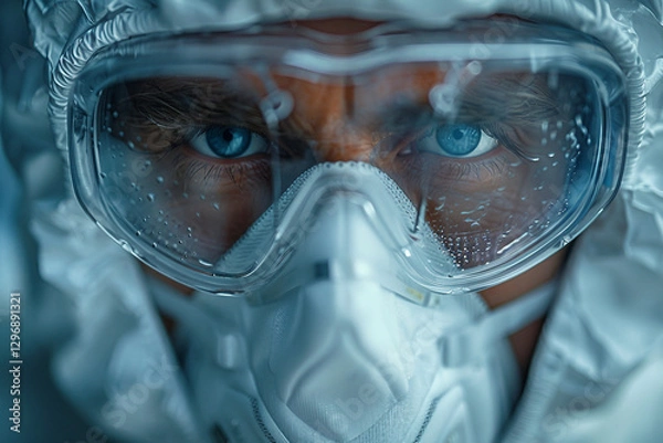 Fototapeta Man in chemical protective suit and gas mask in laboratory generative AI