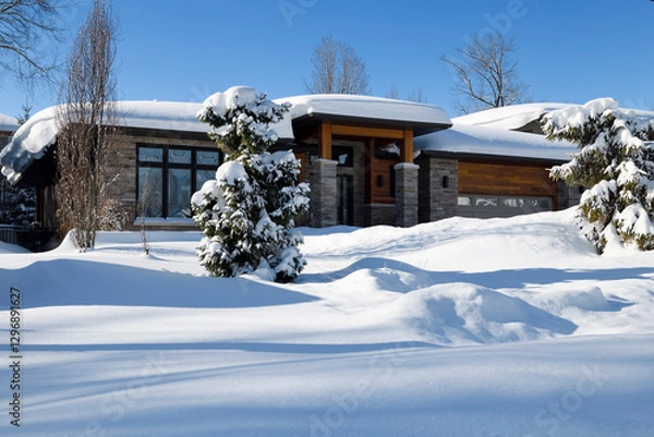 Fototapeta Modern house with evergreen trees buried in snow after intense snowstorms in Barrie Ontario suburb 2025