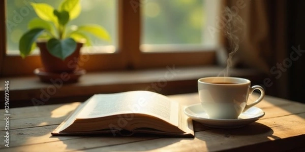 Fototapeta A warm cup of tea, a captivating book, and the gentle sunlight filtering through a window, creating a peaceful and inviting atmosphere for quiet contemplation and relaxation.