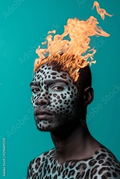 Fototapeta Surreal Male Portrait with Fiery Abstract Elements
