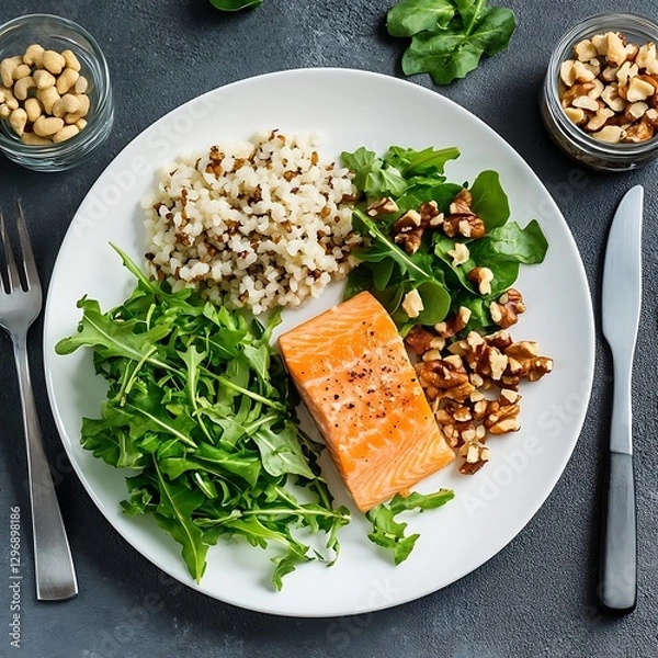 Fototapeta Casual dining healthy salmon salad with brown rice in modern top-down food photography