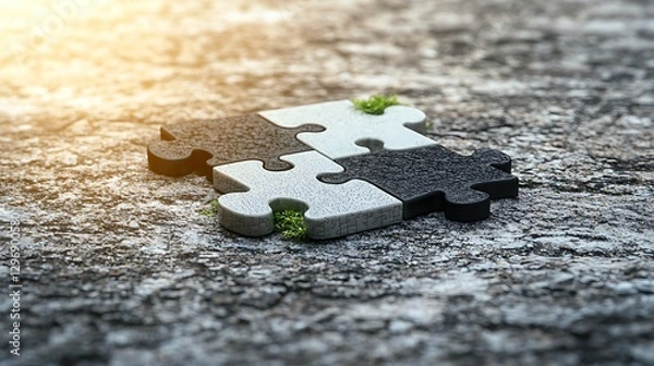 Obraz Puzzle pieces on weathered surface concept of problem solving nature setting close-up view engaging imagery