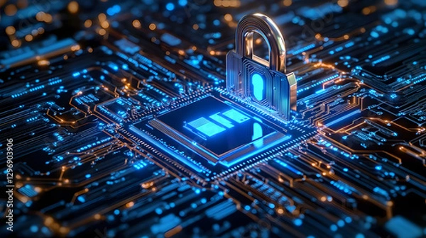 Fototapeta Horizontal lock with blue light on an electronic circuit. Cyber security data protection business privacy concept. Generative AI.