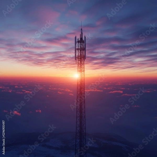 Fototapeta Sunset Radiance: A Cell Tower Silhouetted Against a Vivid Sky of Clouds and Color