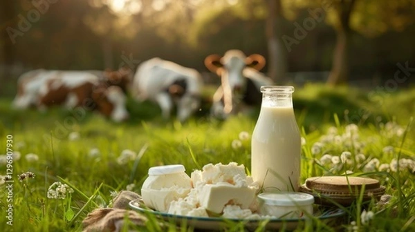 Fototapeta "Dairy products showcased in natural meadow setting with cows"