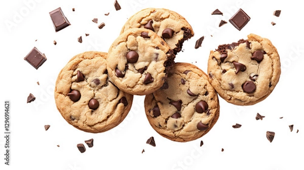 Obraz Chocolate chip cookies with a crunchy golden surface, scattered chocolate pieces, delicious homemade dessert, isolated on white background, PNG format, top view