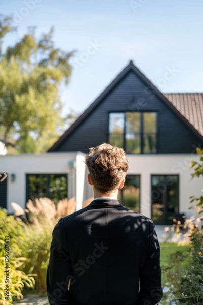 Fototapeta Real estate agent viewed from behind in front of a German house