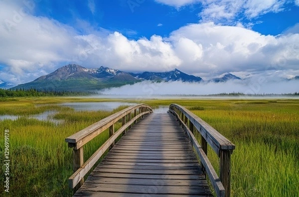 Fototapeta Scenic Wooden Bridge Over Serene Wetland Surrounded by Majestic Mountains and Dramatic Clouds Under a Bright Blue Sky in Tranquil Nature Setting