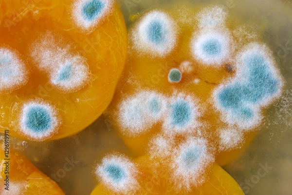 Fototapeta The surface of a bright orange peach is covered in blue and white mold. The growth patterns are irregular and spread across different parts of the surface.