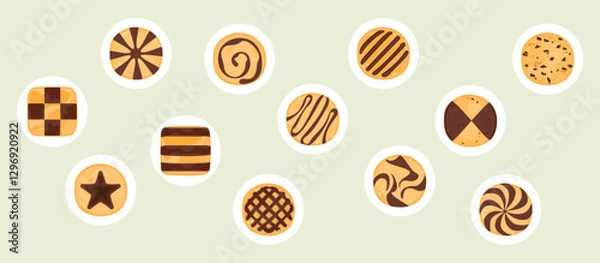 Fototapeta Cartoon cookie vector illustration of delicious food Biscuits and crackers, baked flour products Gingerbread, and chocolate cake. Dessert. Pastry collection isolated on a white background.