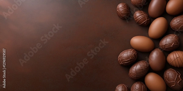 Fototapeta Easter wallpaper with chocolate eggs on a brown background with copy space