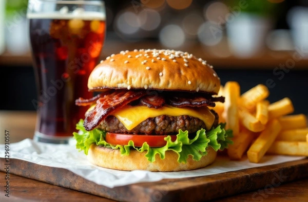 Obraz Tasty burger with juicy patty, fried bacon, fresh herbs and cheese on wooden board, next to it there French fries with glass of sweet soda water. Background cafe blur. Unhealthy food