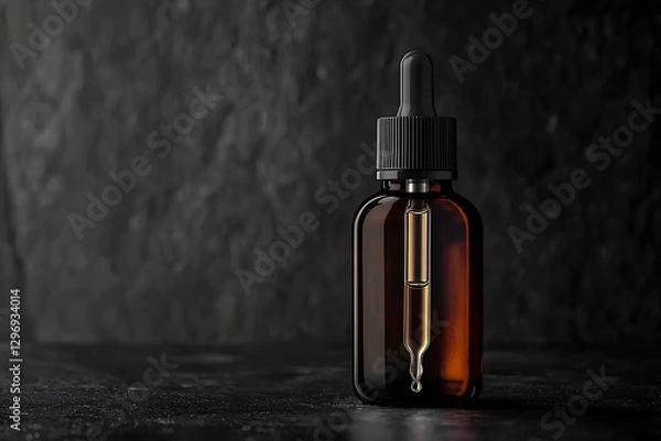 Fototapeta there is a bottle of liquid with a dropper on a table