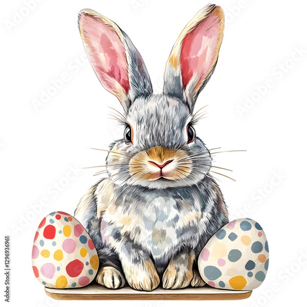 Fototapeta Adorable Easter Bunny with Soft Fur and Colorful Festive Eggs in a White Background