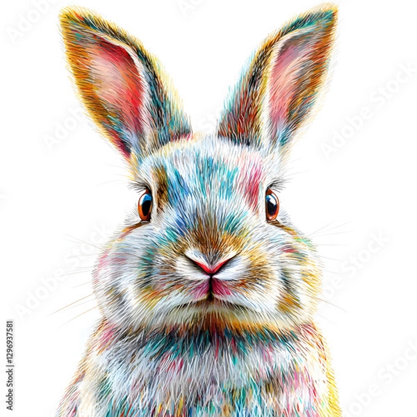 Fototapeta Adorable Easter Bunny with Soft Fur and Colorful Festive Eggs in a White Background