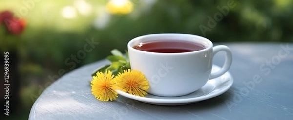 Fototapeta there is a cup of tea on a saucer with a flower