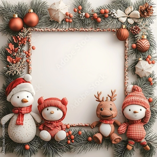 Fototapeta there are three snowmen sitting on a christmas frame with decorations