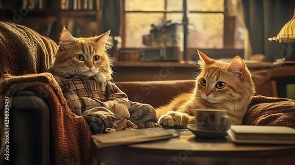 Fototapeta there are two cats sitting on a couch with a coffee cup