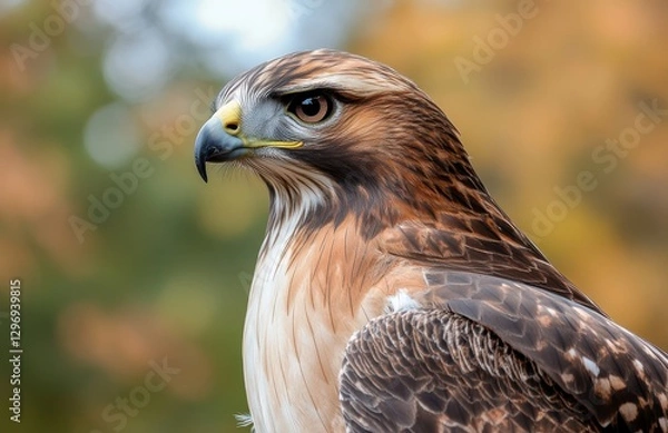 Obraz Majestic Hawk Portrait with Sharp Eyes Against a Soft Focused Nature Background in Autumn Hues, Capturing the Essence of Wildlife and Freedom