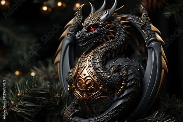 Fototapeta there is a dragon statue on a christmas tree with lights
