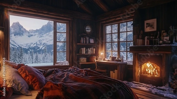 Fototapeta there is a bed in a room with a fireplace and a window
