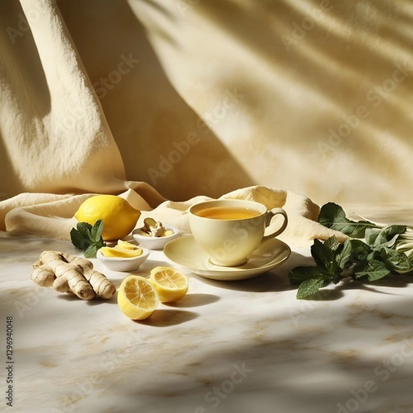 Fototapeta there is a cup of tea and lemons on a table