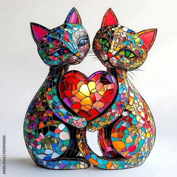 Fototapeta there are two cats sitting on a colorful mosaic sculpture