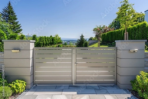 Fototapeta there is a gate that is open to a driveway