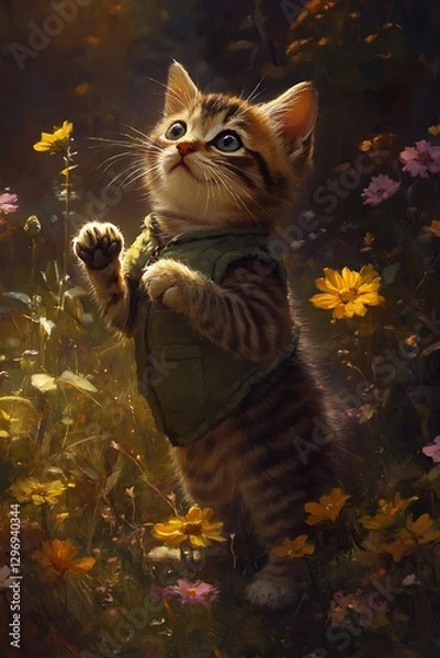 Fototapeta there is a cat that is standing in the grass with flowers