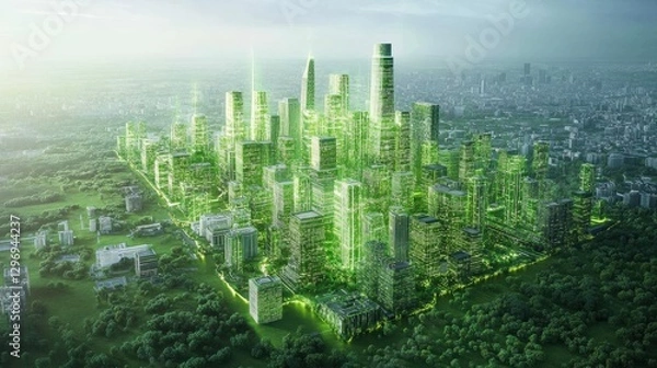 Fototapeta Smart city powered by AI and green energy, glowing visuals