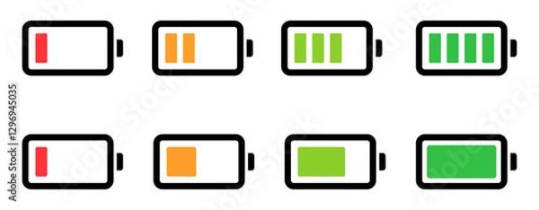 Fototapeta Battery level icon set showing charging progress from low to full with red, orange, and green indicators. Flat design, ideal for UI, mobile apps, and energy status visuals. Battery, icon.