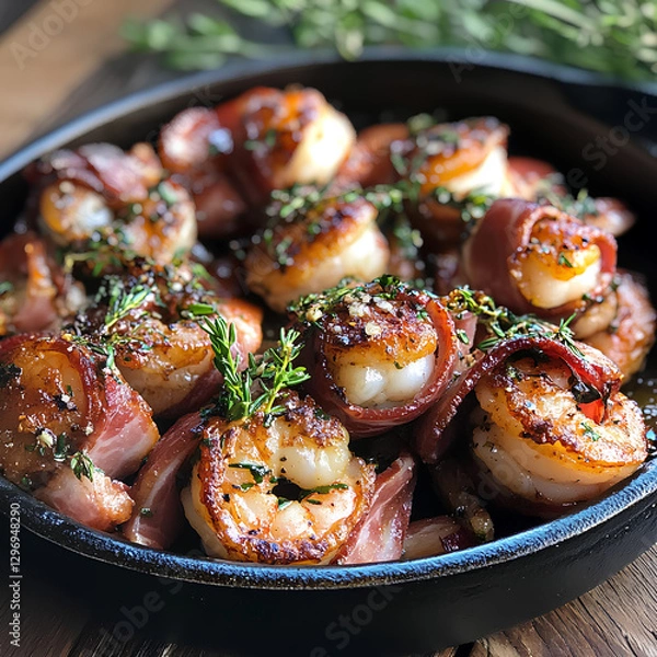 Fototapeta High-Protein Seafood Delight: Bacon-Wrapped Shrimp for a Low-Carb Diet - Delicious Carnivore Diet Seafood Dish – Seared Shrimp Wrapped in Bacon