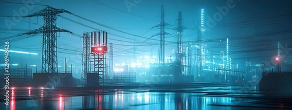 Fototapeta The power grid, including substations and transformers, neatly arranged on a blue digital background
