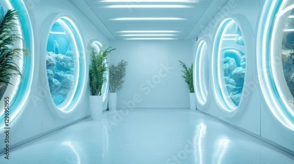 Fototapeta A stunning futuristic hallway featuring circular windows showcasing ocean life, blending modern design with enchanting aquatic visuals for a serene atmosphere.
