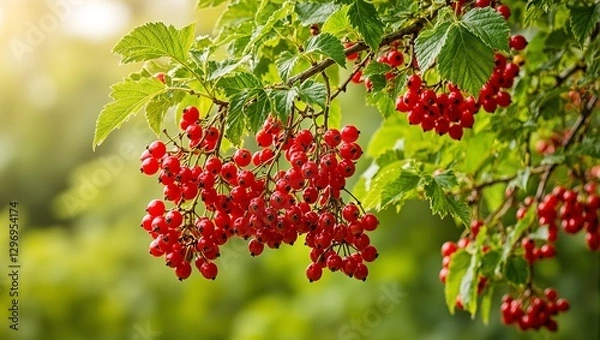 Fototapeta Lush red currant bush adorned with ripe berries and vibrant green leaves evoking a sense of freshness and natures beauty