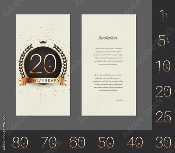Fototapeta Anniversary 5th, 10th, 25th, 20th, 30th, 40th, 50th, 60th, 70th, 80th invitation/congratulation card. 